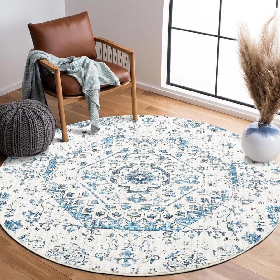 Rond zacht pluizig vloerkleed 120 cm cirkeltapijt antislip wasbare ronde vloerkleden met bloemenprint blauw