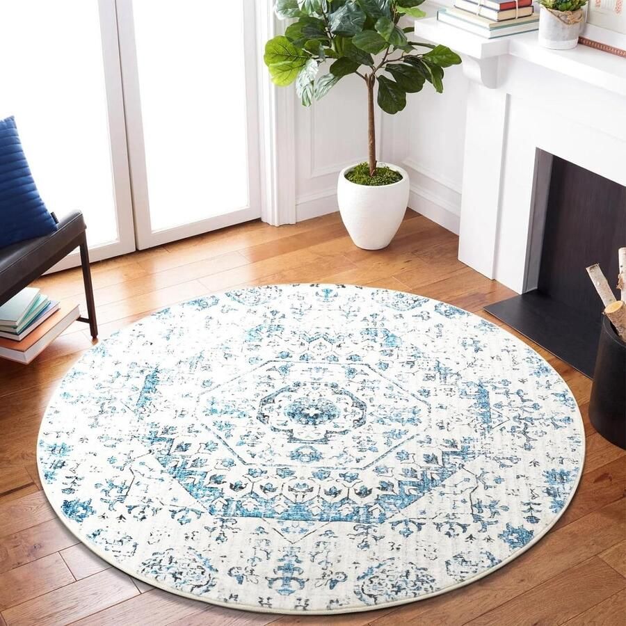 Rond zacht pluizig vloerkleed 90 cm cirkeltapijt antislip wasbaar bloemenprint blauw