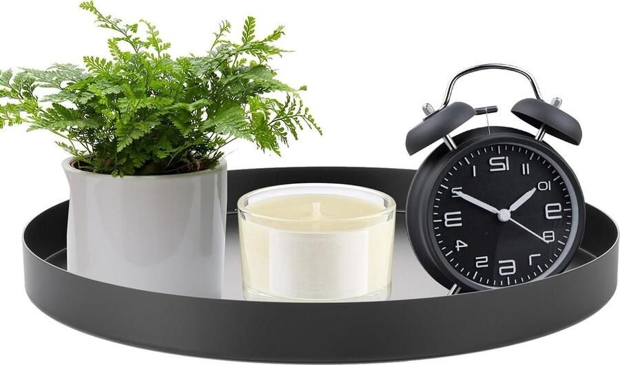 Rond zwart decoratief dienblad 30 cm roestvrij staal voor woonkamer bureau keuken badkamer