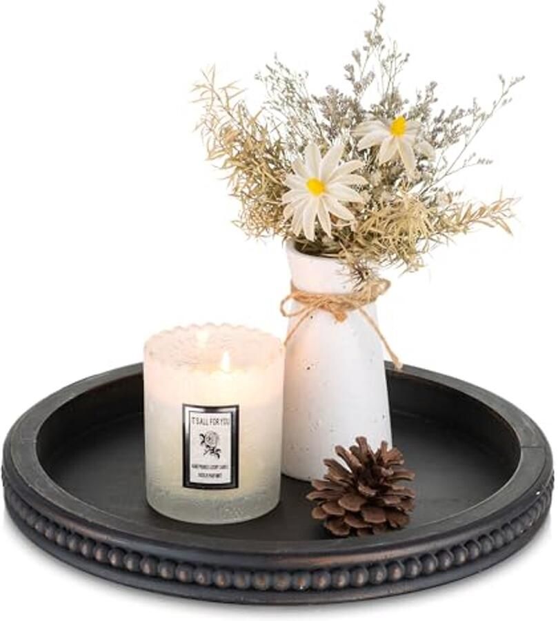 Rond Zwart Decoratief Dienblad met Kralen voor Salontafel – Houten Serveerschaal voor Woondecoratie