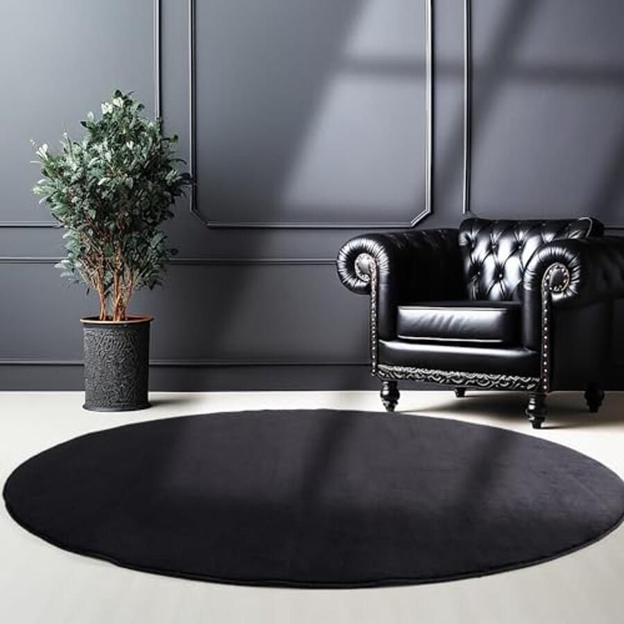 Rond zwart laagpolig vloerkleed 200 cm Monochroom tapijt voor moderne interieurs