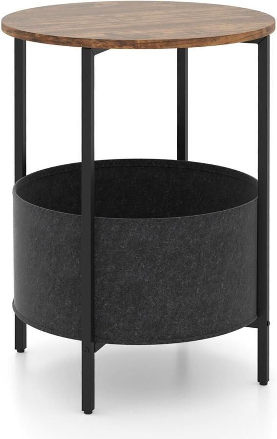 Ronde 2-laags bijzettafel – Met afneembare stoffen mand en metalen frame ideaal voor kleine ruimtes – Wit