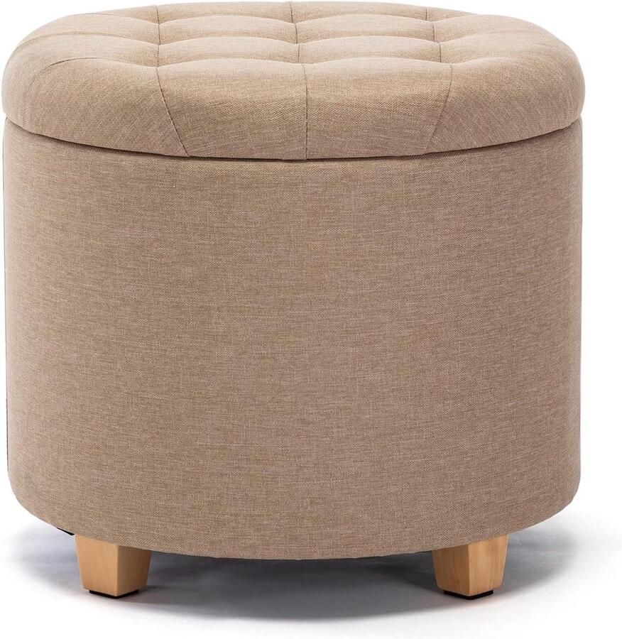 45 cm ronde linnen Ottomaanse opbergkruk gewatteerde zitting voetenbank poef stoel deksel beige