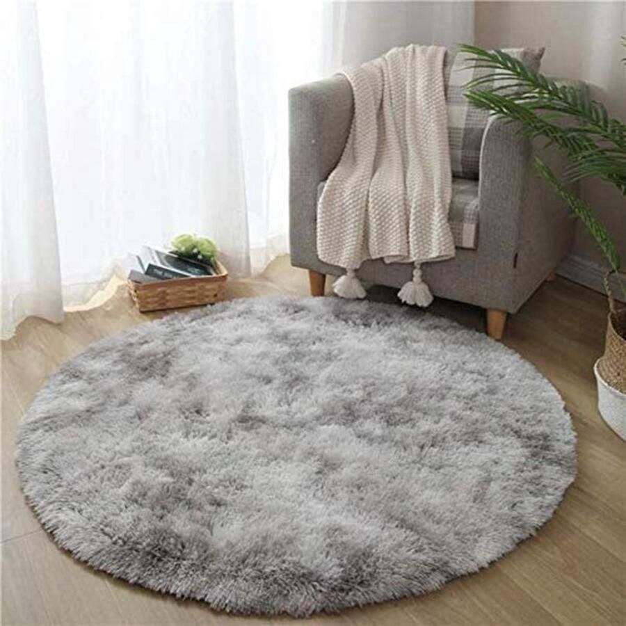 Vloerkleed rond slaapkamer woonkamer tapijt wollig wasbaar indoor vloermat voor speelkamer en kinderkamer (grijs-wit 140 cm) - Foto 2