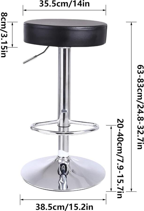 Ronde barkruk met voetsteun en hoogteverstelling Draaibare pub stoel voor thuis keuken PU-leer zwart - Foto 2