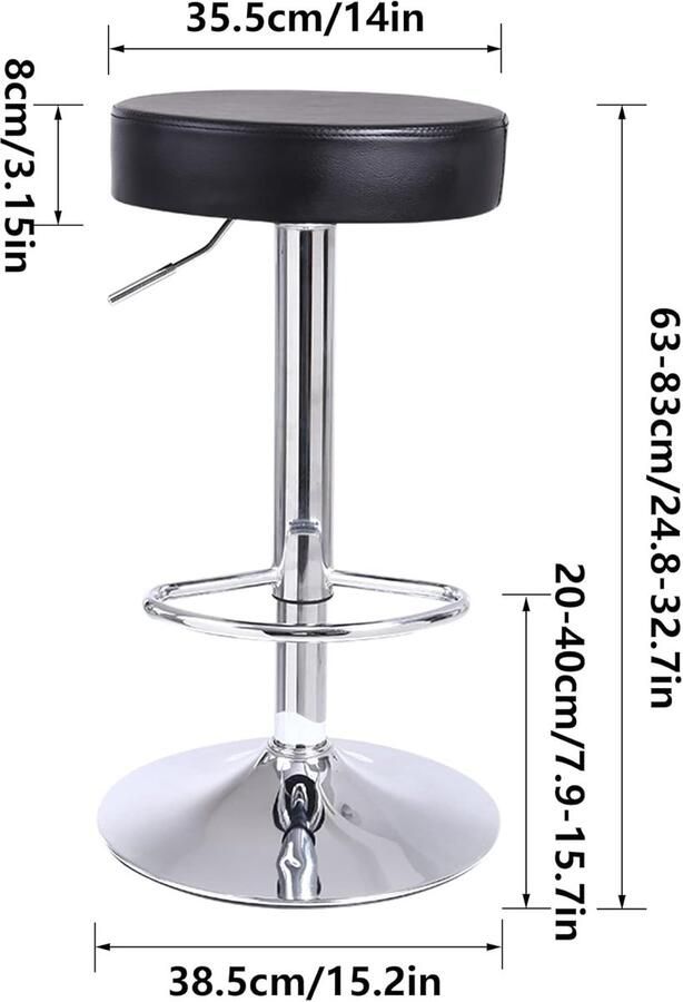 Ronde barkruk PU-leer hoog verstelbaar rugloos zwart