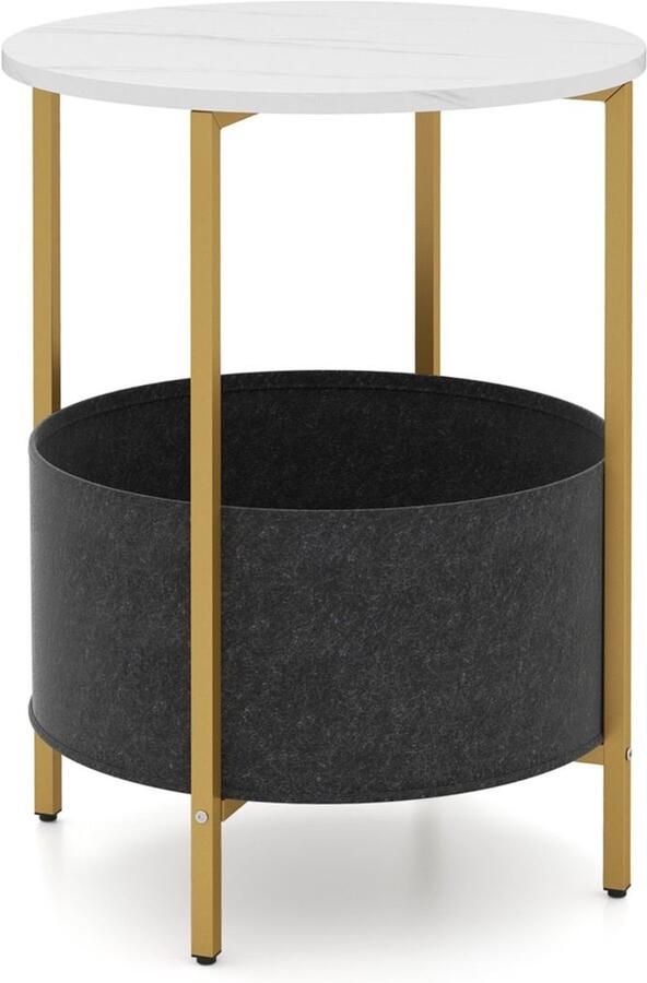 Ronde bijzettafel – 2-laags met afneembare stoffen mand metalen frame ideaal voor kleine ruimtes – Wit