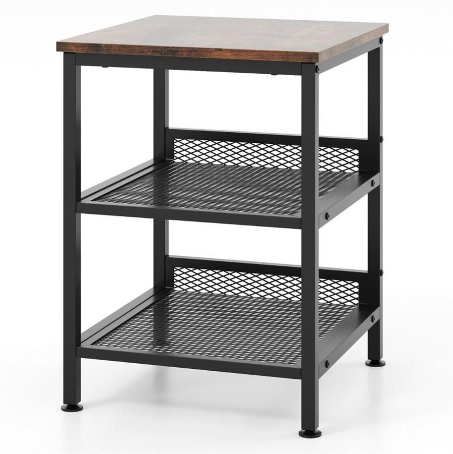 Ronde bijzettafel – 2-laags met open plank banktafel met rustiek bruin metalen frame