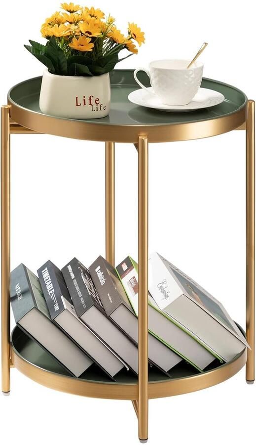Ronde Bijzettafel 2-traps Inklapbaar Goud + Groen Metaal