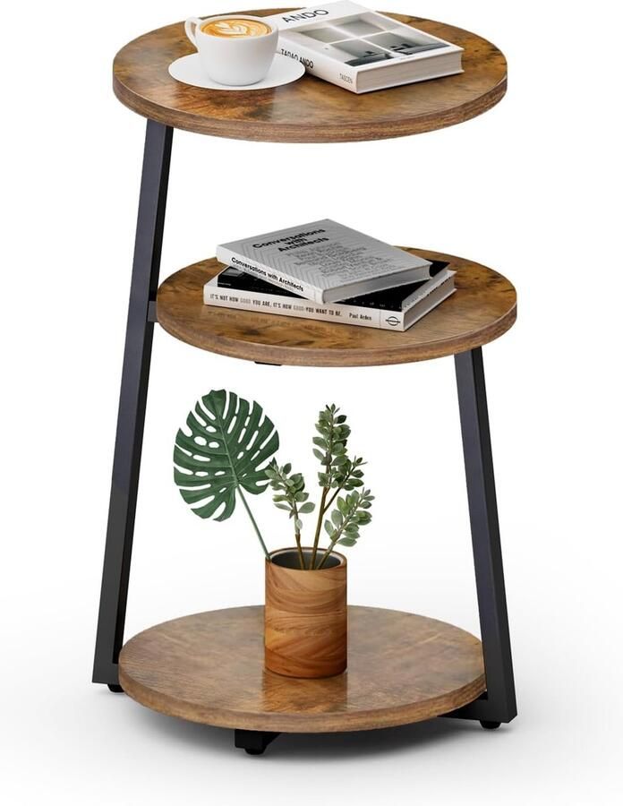 Senza Marchio Ronde bijzettafel 3 verdiepingen houten bijzettafel met metalen frame kleine tafel woonkamer voor woonkamer slaapkamer