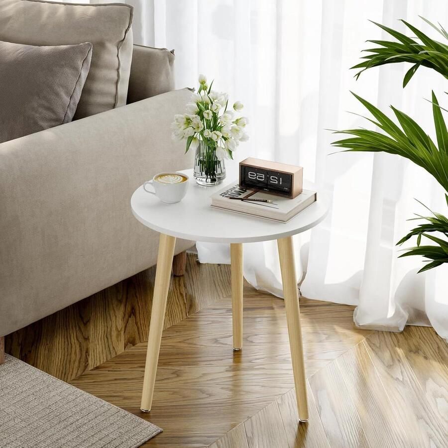 Ronde bijzettafel Ø 42 cm hoogte 51 cm Scandinavische stijl- natuur wit massief houten poten