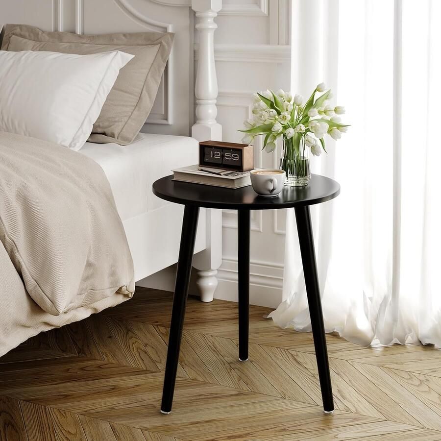 Ronde bijzettafel Ø 42 cm – Salontafel met massief houten poten Scandinavische stijl geschikt voor woonkamer & slaapkamer hoogte 51 cm zwart