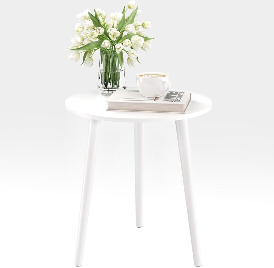 Ronde Bijzettafel Ø42 cm – Witte Salontafel met Massief Houten Poten Scandinavische Stijl