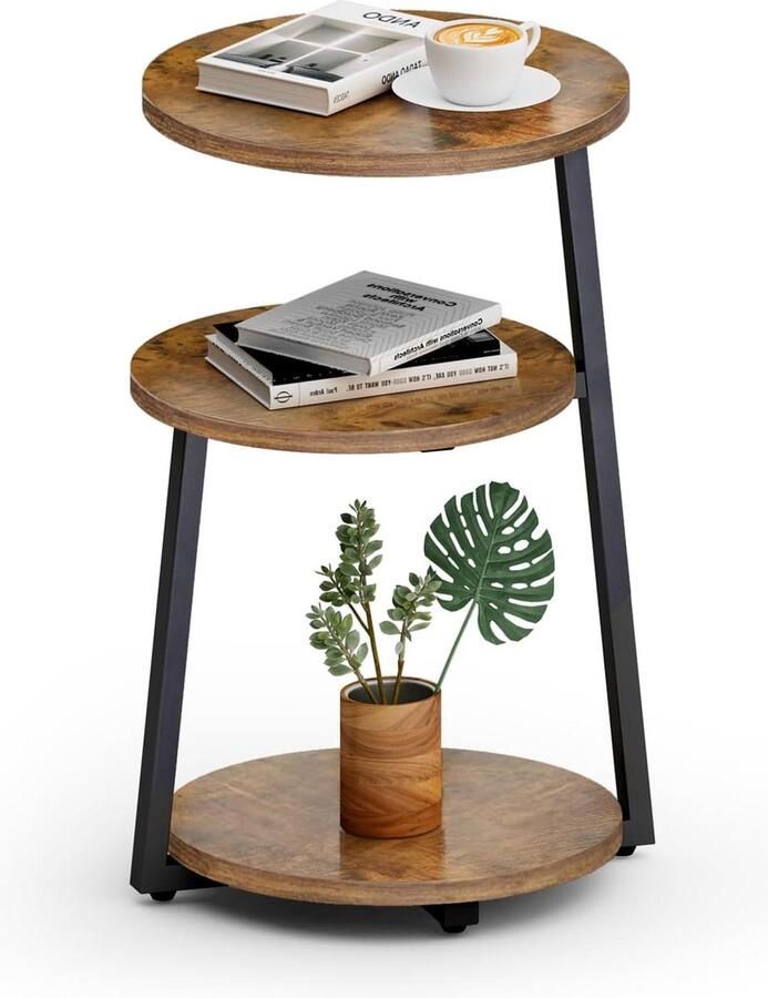 Ronde bijzettafel houten en metalen constructie geschikt voor woonkamer en slaapkamer