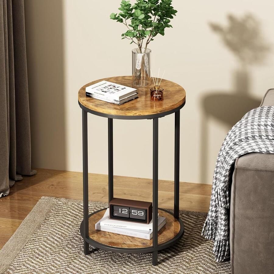 Ronde bijzettafel kleine bijzettafel hout met metalen frame 2 lagen planken kleine tafel woonkamer voor woonkamer slaapkamer