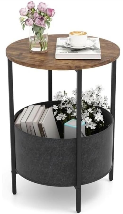 Ronde bijzettafel met 2 lagen banktafel met stoffen opbergmand metalen frame bijzettafel nachtkastje voor woonkamer slaapkamer kantoor 44 x 60 5 cm (koffie)