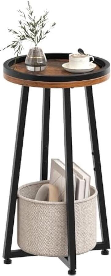 Ronde bijzettafel met 2 lagen klein nachtkastje salontafel opstaande rand salontafel en beige stoffen mand voor kleine ruimtes woonkamer slaapzaal rustiek bruin EBF 183 BZ 01