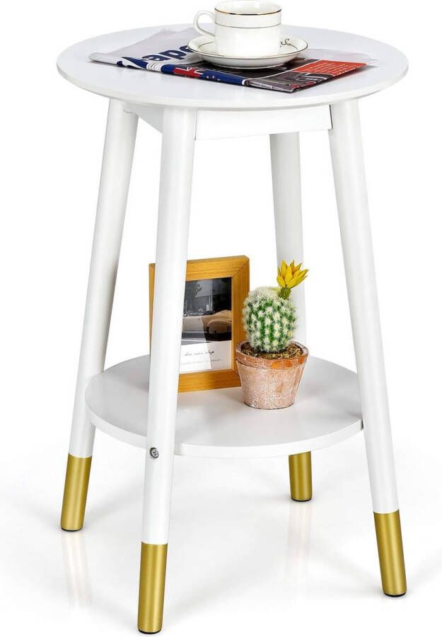Ronde bijzettafel met 2 niveaus koffietafel van hout nachtkastje met legplank salontafel zijtafel voor woonkamer 46 x 46 x 61 cm wit