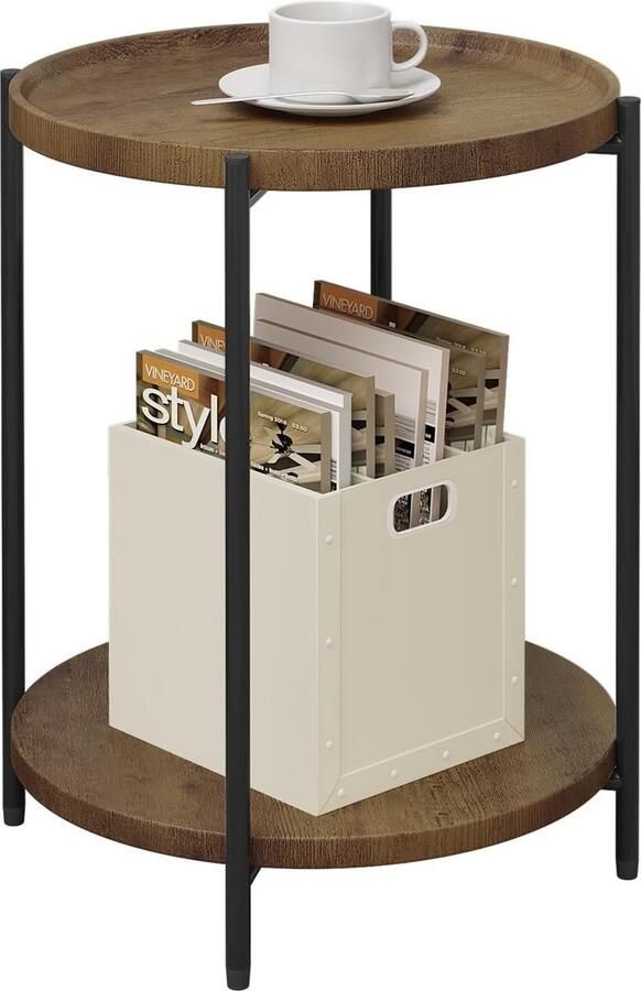 Ronde bijzettafel met 2 planken woonkamertafel met afneembaar tafelblad nachtkastje banktafel telefoontafel voor woonkamer van MDF metaal vintage houtnerf