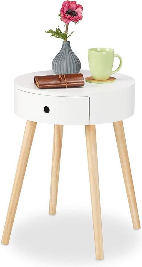 Ronde Scandinavische bijzettafel met lade Hout 52 x 40 cm Wit Bijzettafel