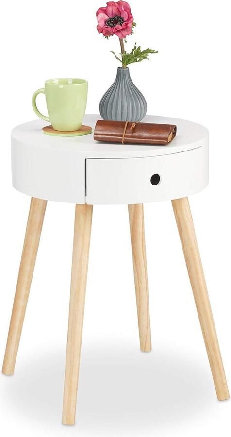 Ronde bijzettafel met lade Scandinavisch design in wit