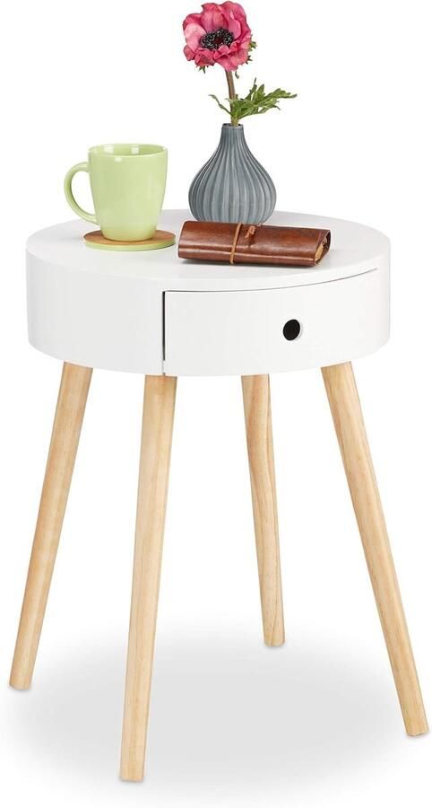 Ronde bijzettafel met lade Scandinavisch design in wit