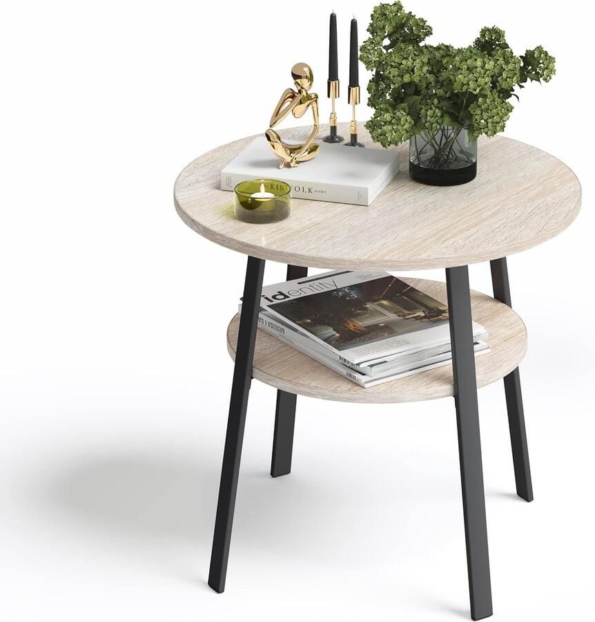 Ronde Bijzettafel met Metalen Frame en Houten Planken Ø52xH 54 cm