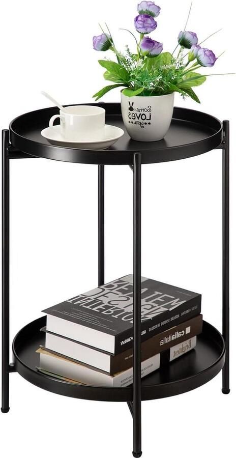 Ronde Bijzettafel met Metalen Frame en Twee Lagen Geschikt voor Woonkamer Slaapkamer Balkon of Terras Zwart