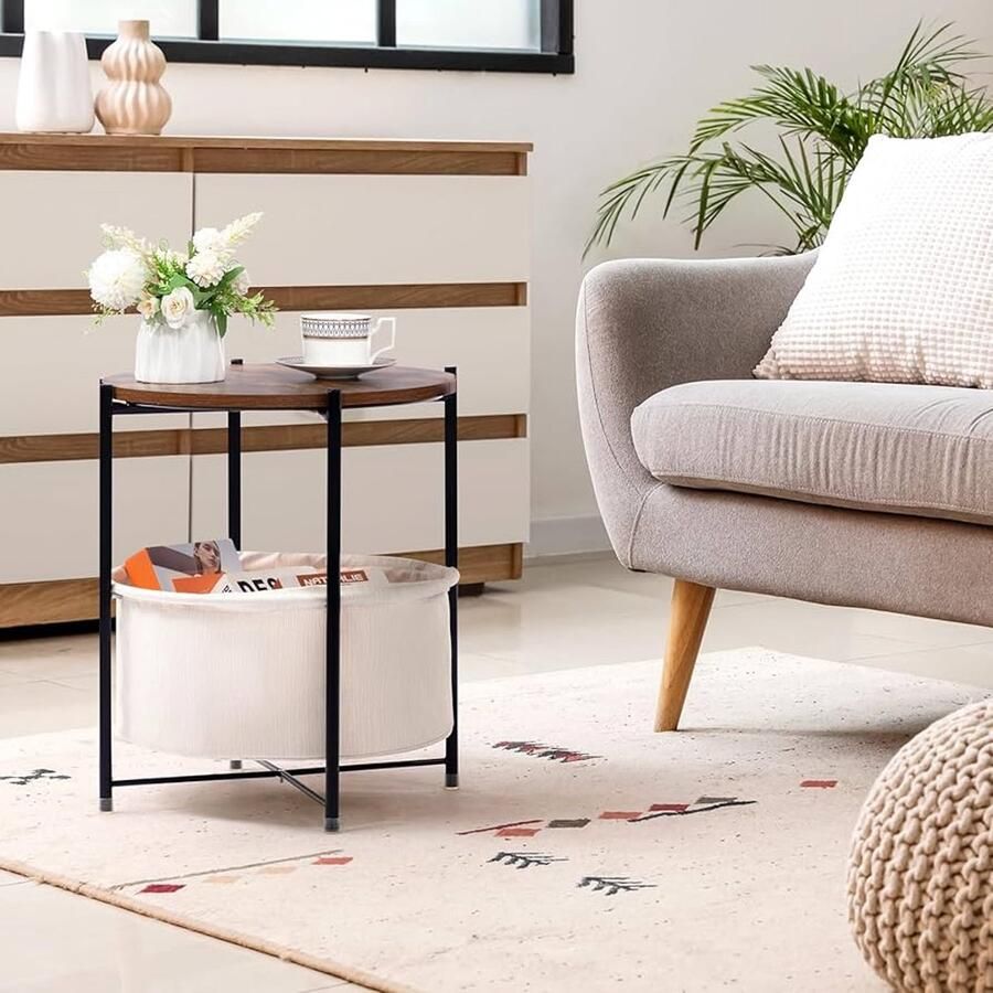 Ronde bijzettafel met stoffen mand compact en elegant 1 stuk beige