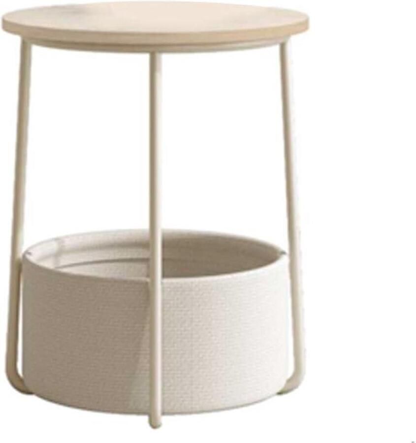 Ronde Bijzettafel met Stoffen Mand Opbergruimte Modern Nachtkastje Crèmewit LET223K67