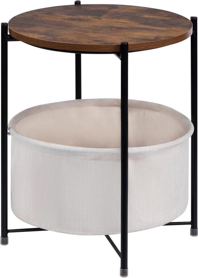 Ronde Bijzettafel met Stoffen Opbergmand – Theetafel of Nachtkastje voor Woon- en Slaapkamer Beige
