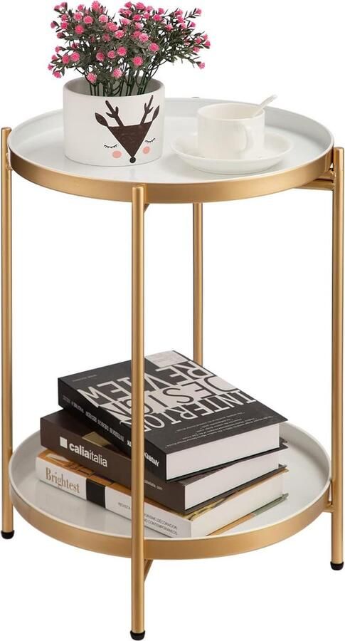 Ronde Bijzettafel Metalen Bijzettafel met 2 Lagen Snacktafel Salontafel Nachtkastje Banktafel Geschikt voor Woonkamer Slaapkamer Balkon of Terras Goud en Wit