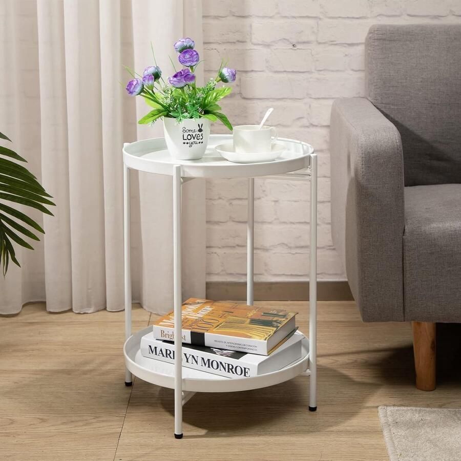 Ronde Bijzettafel Metalen Bijzettafel met 2 Lagen Snacktafel Salontafel Nachtkastje Banktafel Geschikt voor Woonkamer Slaapkamer Balkon of Terras Wit