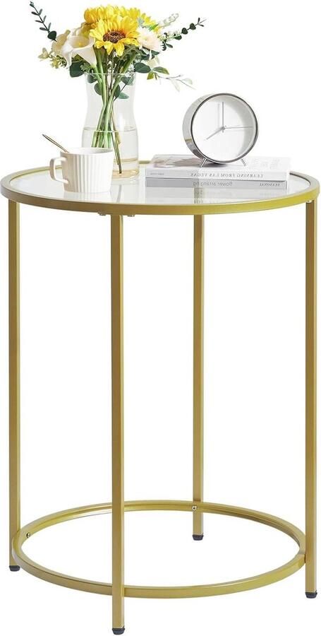 Ronde bijzettafel salontafel van gehard glas metalen frame transparant 50 x 65 cm smal nachtkastje banktafel goudkleurig voor woonkamer balkon kantoor YMYNY HGD020G bijzettafel buiten