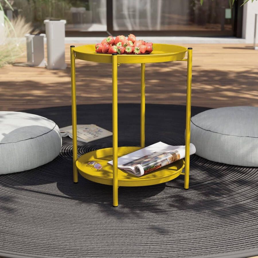 Ronde bijzettafel salontafels 2 niveaus voor woonkamertafel slaapkamer tuin banktafel nachtkastje afneembare kom eenvoudige montage metaal 45 x 45 x 53 cm (geel)