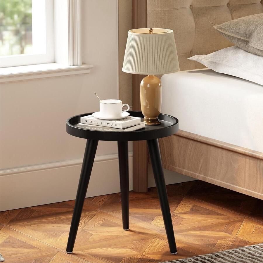 Bijzettafel zwart rond kleine salontafel van hout woonkamertafel nachtkastje met poten van massief hout Scandinavische stijl kleine tafel voor slaapkamer balkon 38 x 45 cm
