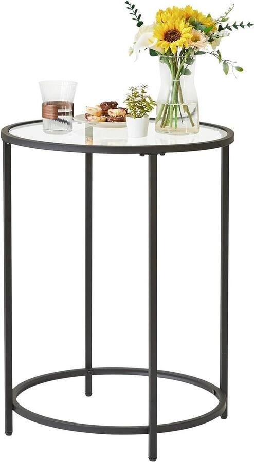 Ronde bijzettafel van gehard glas en metalen frame transparant en zwart 50 x 65 cm smal nachtkastje voor woonkamer en kantoor