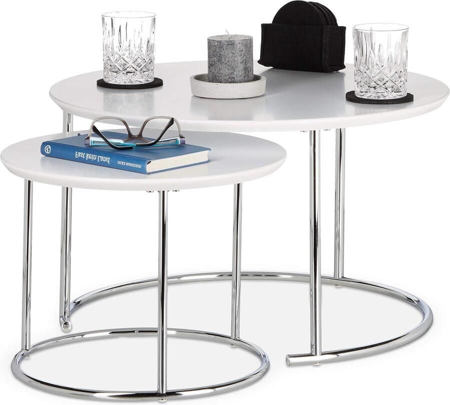 Ronde bijzettafels set van 2 stuks Kleine matte salontafel nesttafels Hout en metaal verchroomd 60 x 60 x 35 cm Wit