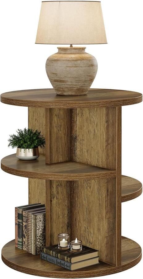 Ronde Bijzettafel Salontafel 60 x 60 x 65 cm 3-Laags Tafel met Schap Landelijke Nachtkastje voor Woonkamer en Slaapkamer Bruin