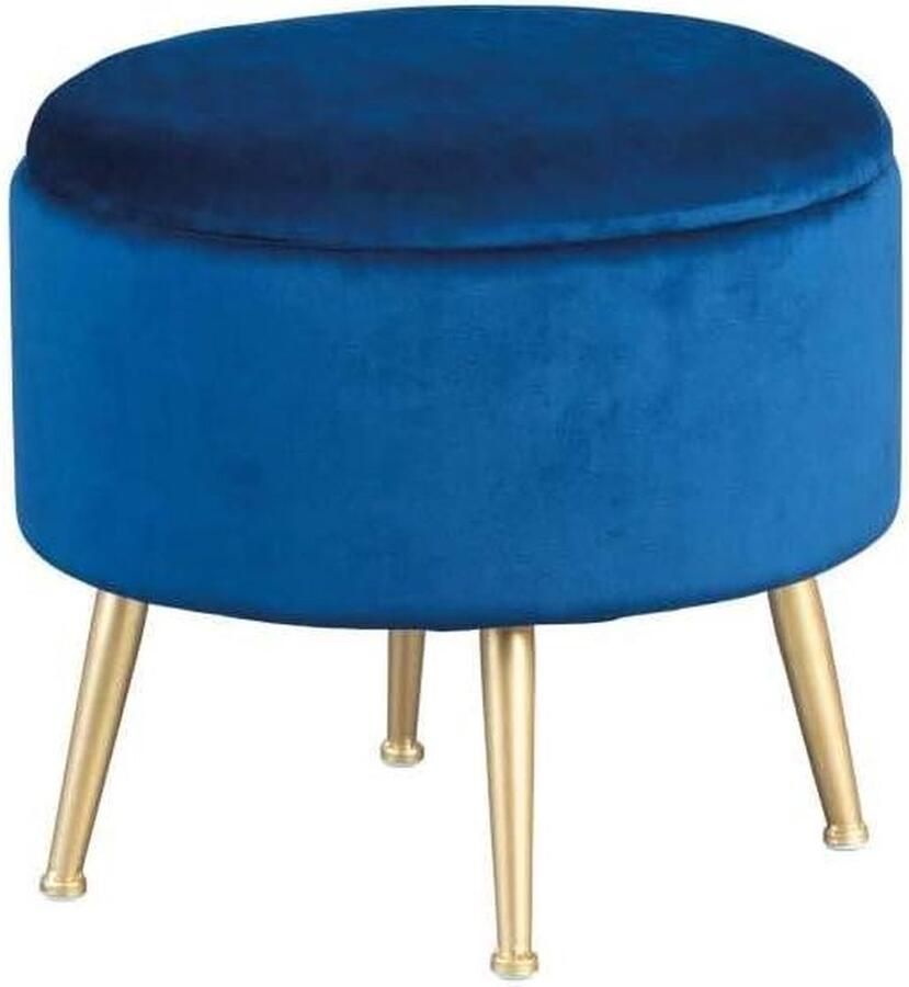 Ronde blauw fluwelen poef met opbergruimte Goudkleurig gelakt metaal 41 x 41 x 38 cm Kruk met opbergruimte