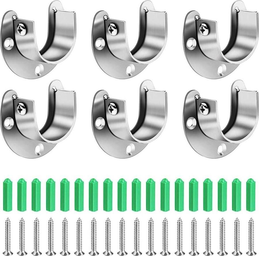 Ronde Buis Houders Roestvrij Staal Flens Houder voor Kastbuis U-vormige Kledingstanghouder Douchegordijnstang Zilver 25 mm 6 Stuks