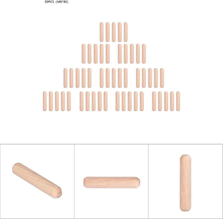 Ronde cilindrische houten pennen zonder schroefdraad voor kabinetlades M6*30 mm