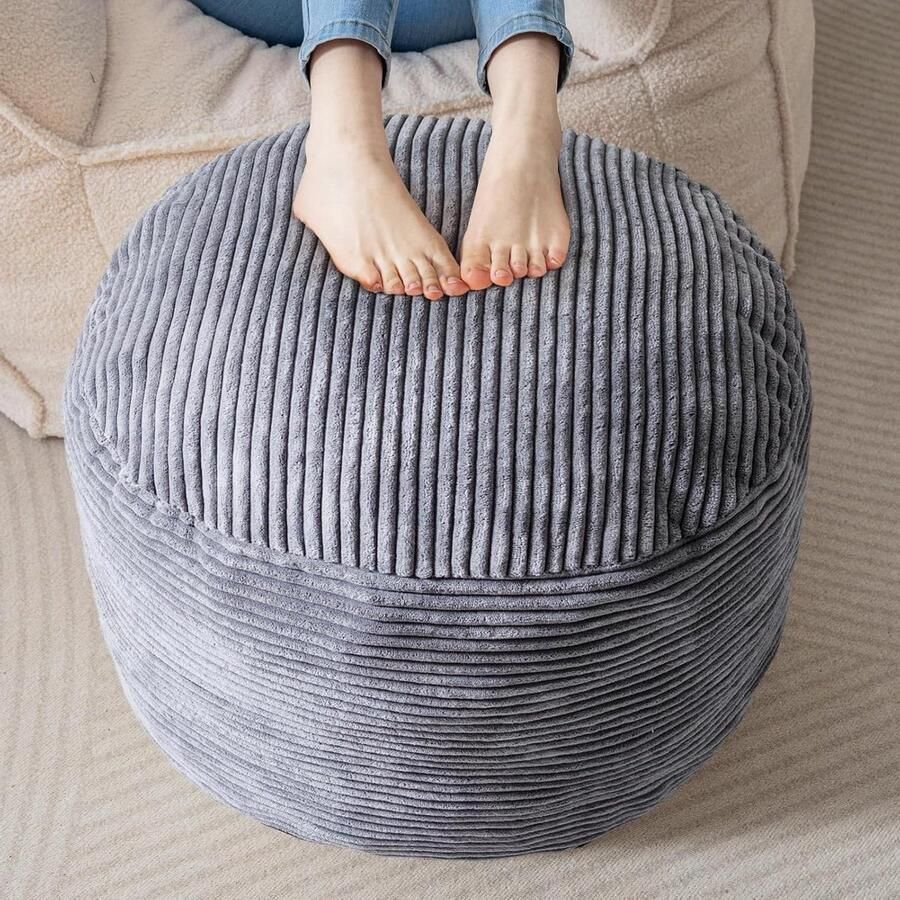 Ronde Corduroy Bean Bag Footstool Pouf met foamvulling 50 x 35 cm Donkergrijs voor woonkamer