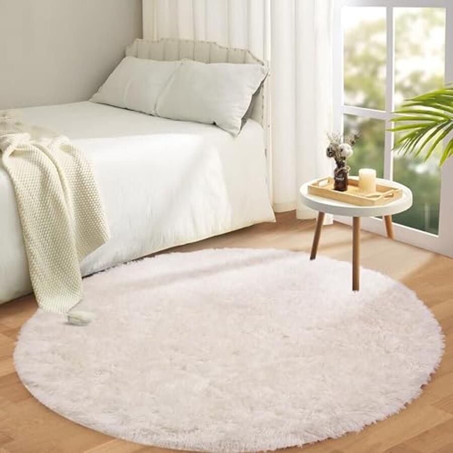 Ronde Crème Kleurige Tapijten voor Woonkamer en Slaapkamer Anti-slip en Luxe Shaggy Ontwerp Zacht en Duurzaam Vloerkleed 120x120cm