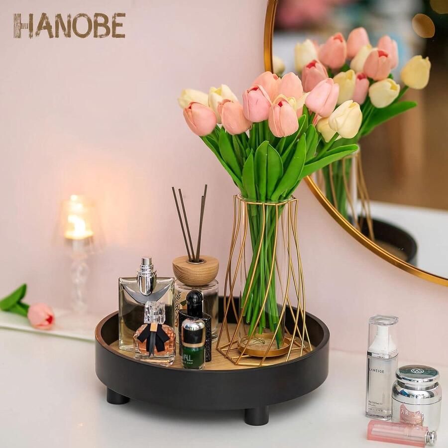 Ronde decoratieve ijdelheid lade: badkamer parfum trays cirkel voetstuk standaard houten verhoger voor display decor dressoir zwart Luxe opberg-oplossing voor badkamer Stijlvolle organizer voor smaakvolle presentatie