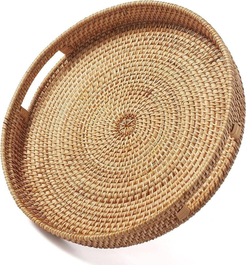 Ronde Dienbladen Met Handgrepen Ottomaanse Geweven Salontafel Lade Decoratief Keuken en Huis Natuurlijk Klein 30cm x 6cm