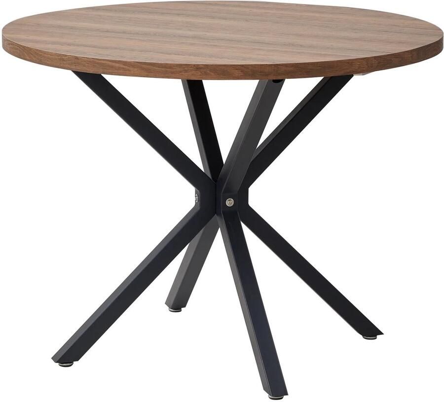 Ronde Eettafel 100 cm – Massief Houten Tafel met Stalen X-Frame – Eettafel voor 2 tot 4 Personen – Zwart Onderstel & Donkerbruin Tafelblad – Industrieel Design