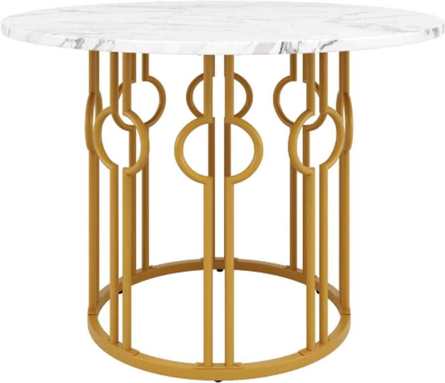 Ronde eettafel (100×100×76cm) keukentafel ronde salontafel voor 4 personen geschikt voor eetkamer woonkamer metalen tafelpoten MDF gemarmerd tafelblad gouden poten