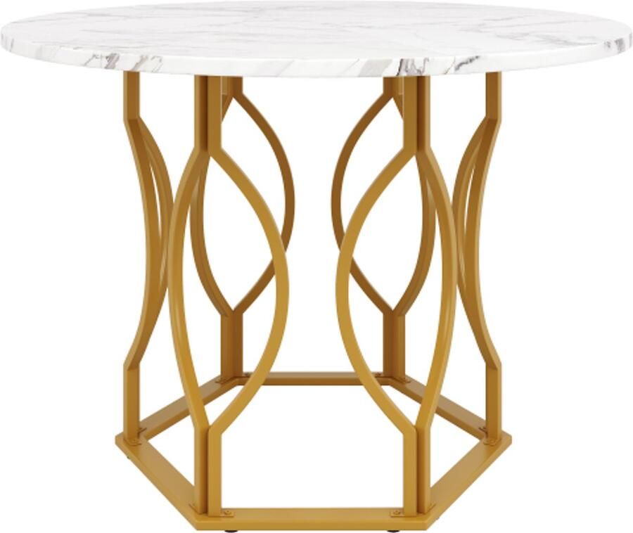 Ronde eettafel (100×100×76cm) keukentafel ronde salontafel voor 4 personen geschikt voor eetkamer woonkamer metalen tafelpoten MDF gemarmerd tafelblad gouden poten