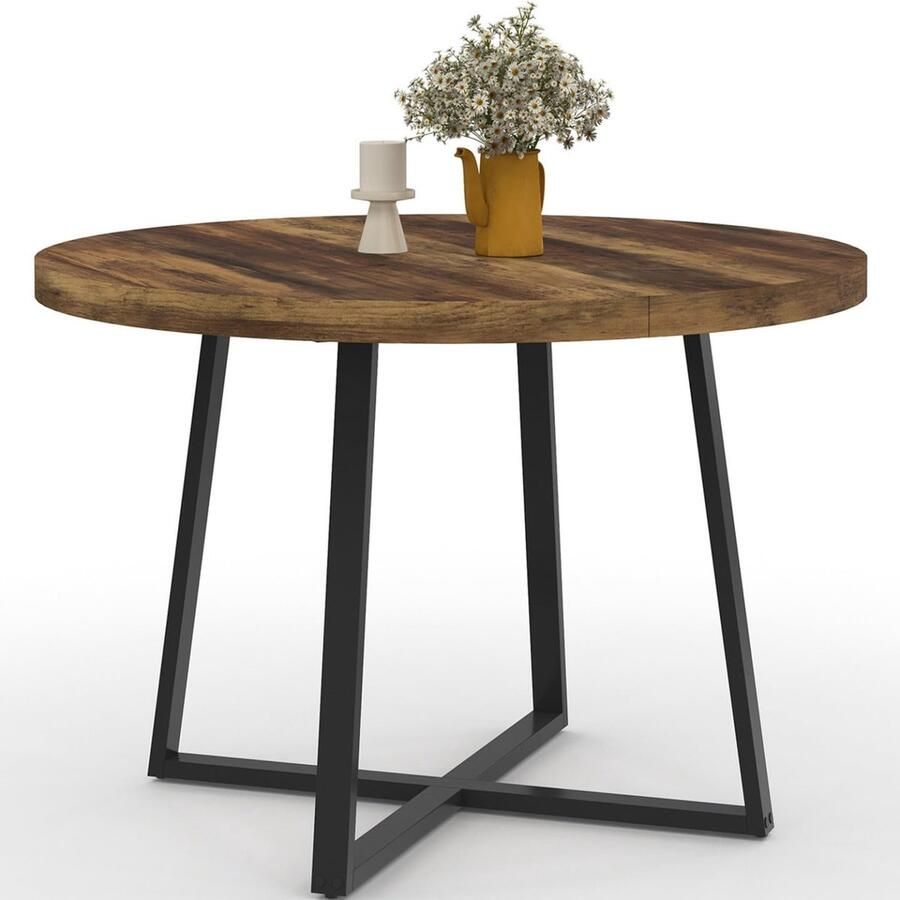 Ronde eettafel 110 cm geschikt voor 4-6 personen vast model donker hout met Hawkins en zwart frame modern design